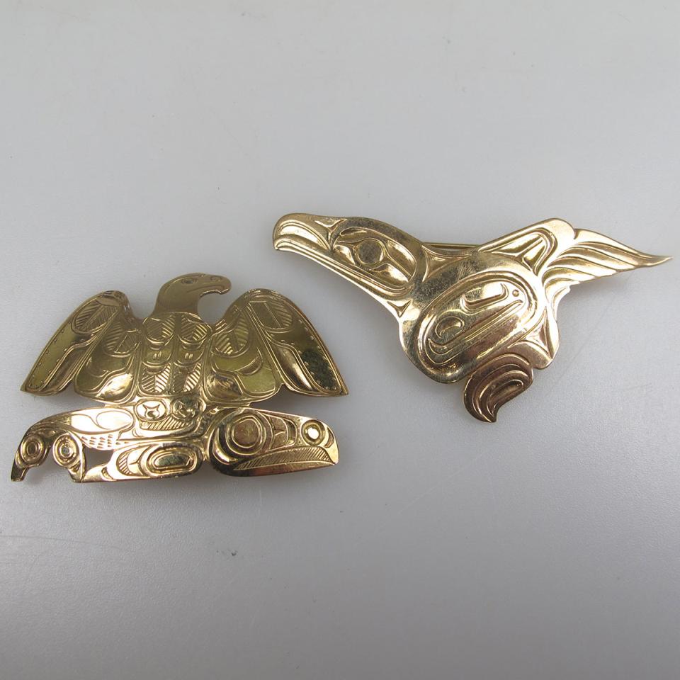 Two Haida 14k Yellow Gold Eagles mounted as a pin and a pendant