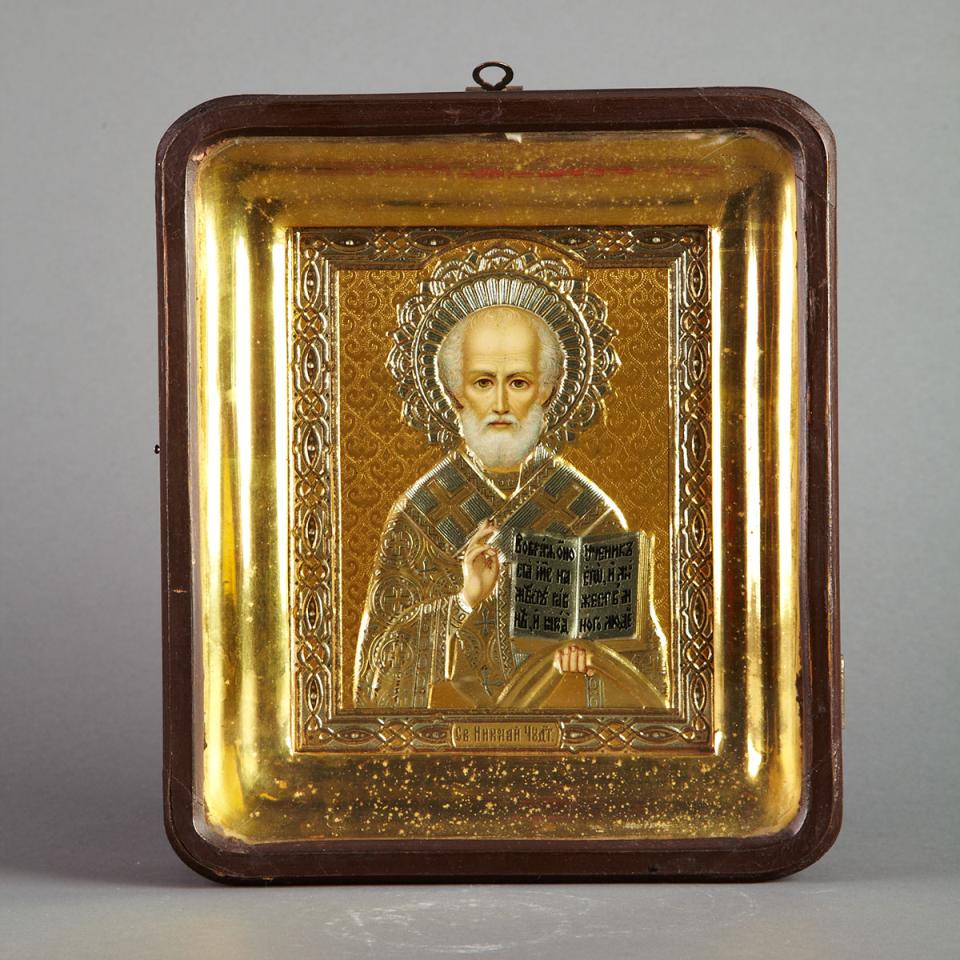 Russian Pressed and Lithographed Tin Icon of St. Nicholas, late 19th century