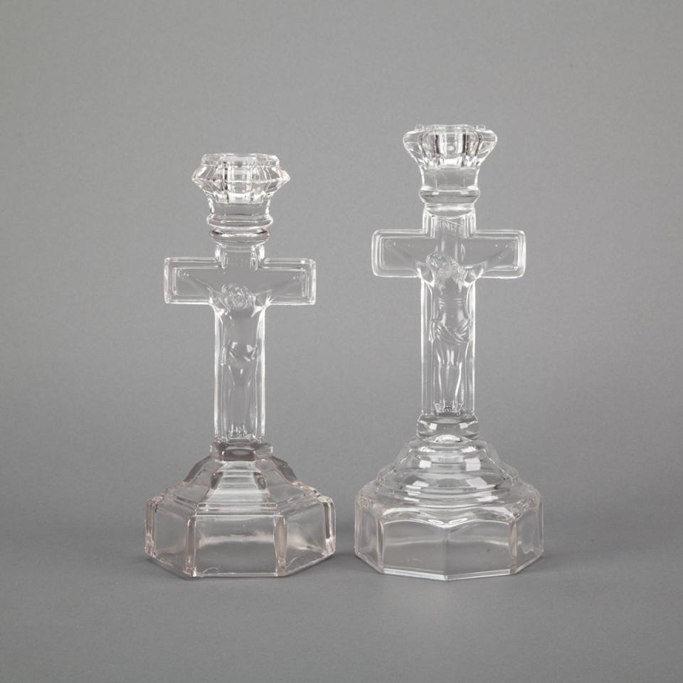 Two American Pressed Glass Crucifix Form Candlesticks, 19th century