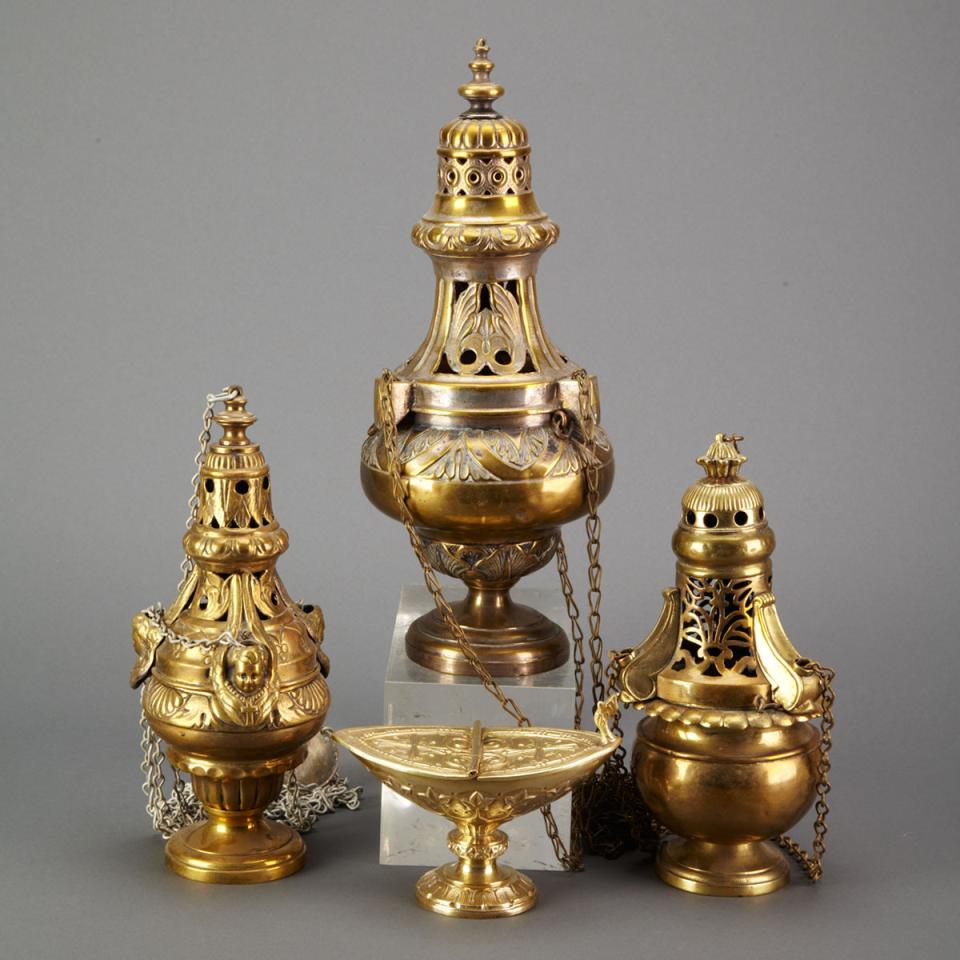 Group of Three Brass Thuribles with Incense Boat, early-mid 20th century