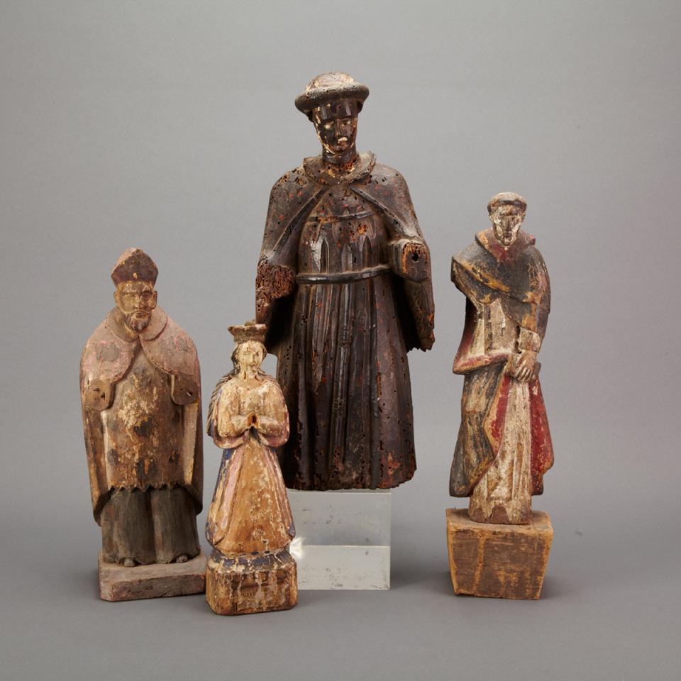 Group of Four Spanish Colonial Figures of Saints, 18th century and later