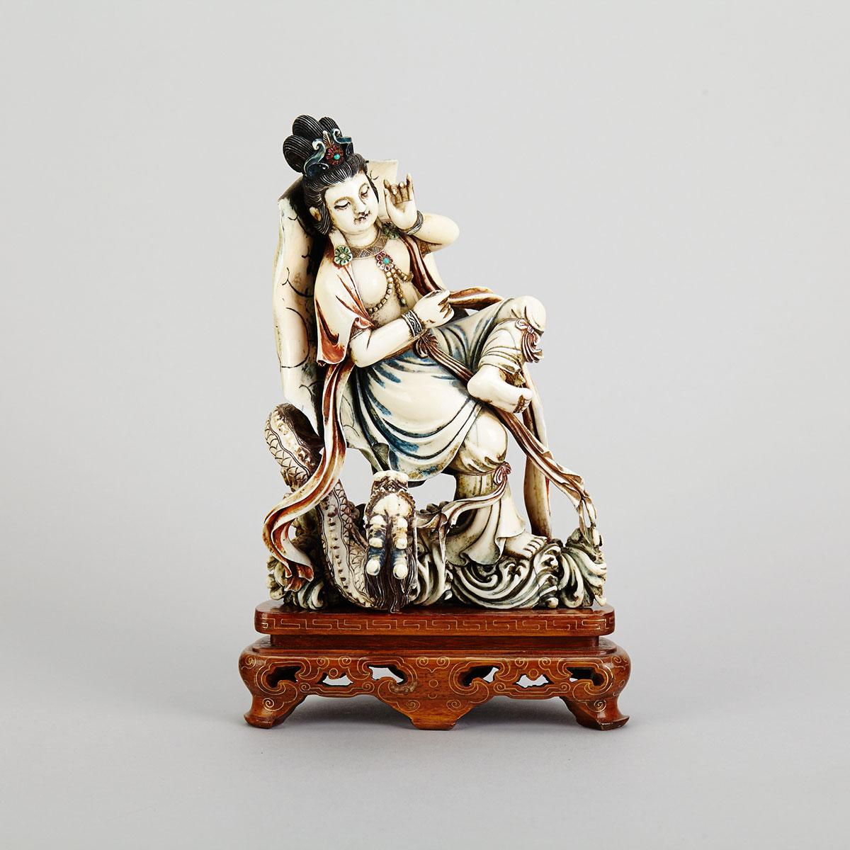 Tinted Ivory Guanyin and Dragon Group