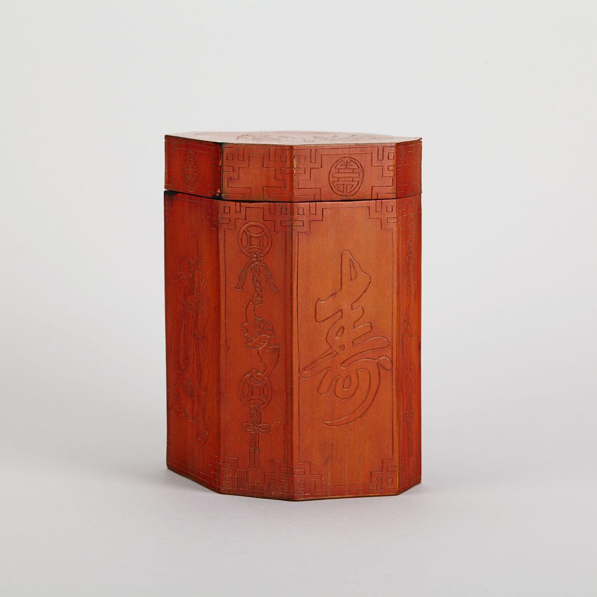 Inscribed Bamboo Veneer Tea Caddy