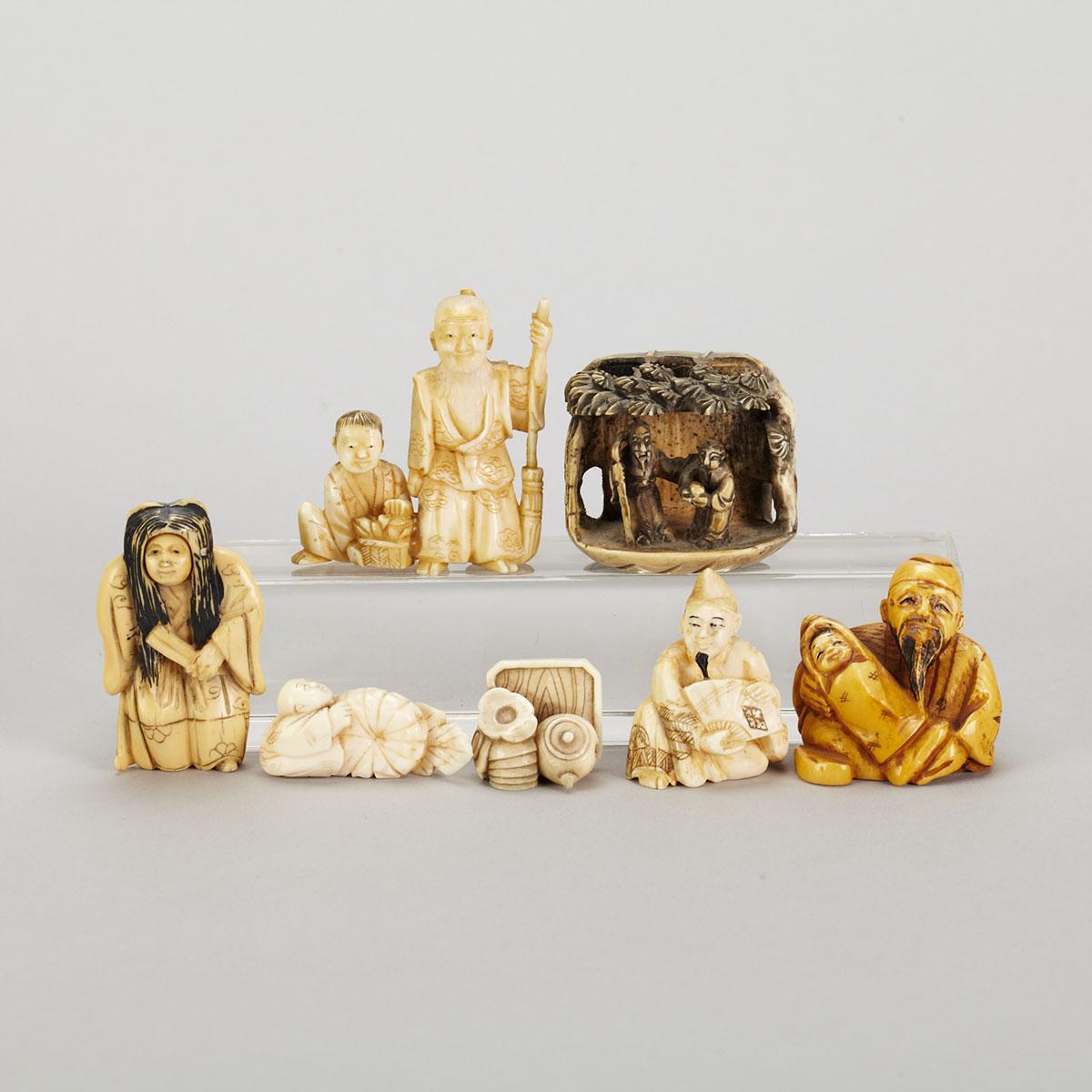 Group of Five Ivory Figural Netsuke and Okimono
