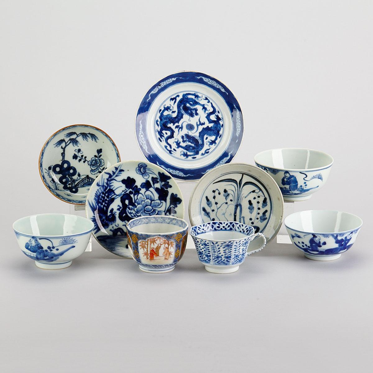 Group of Nine Blue and White Porcelain Wares, 17th to 19th Century