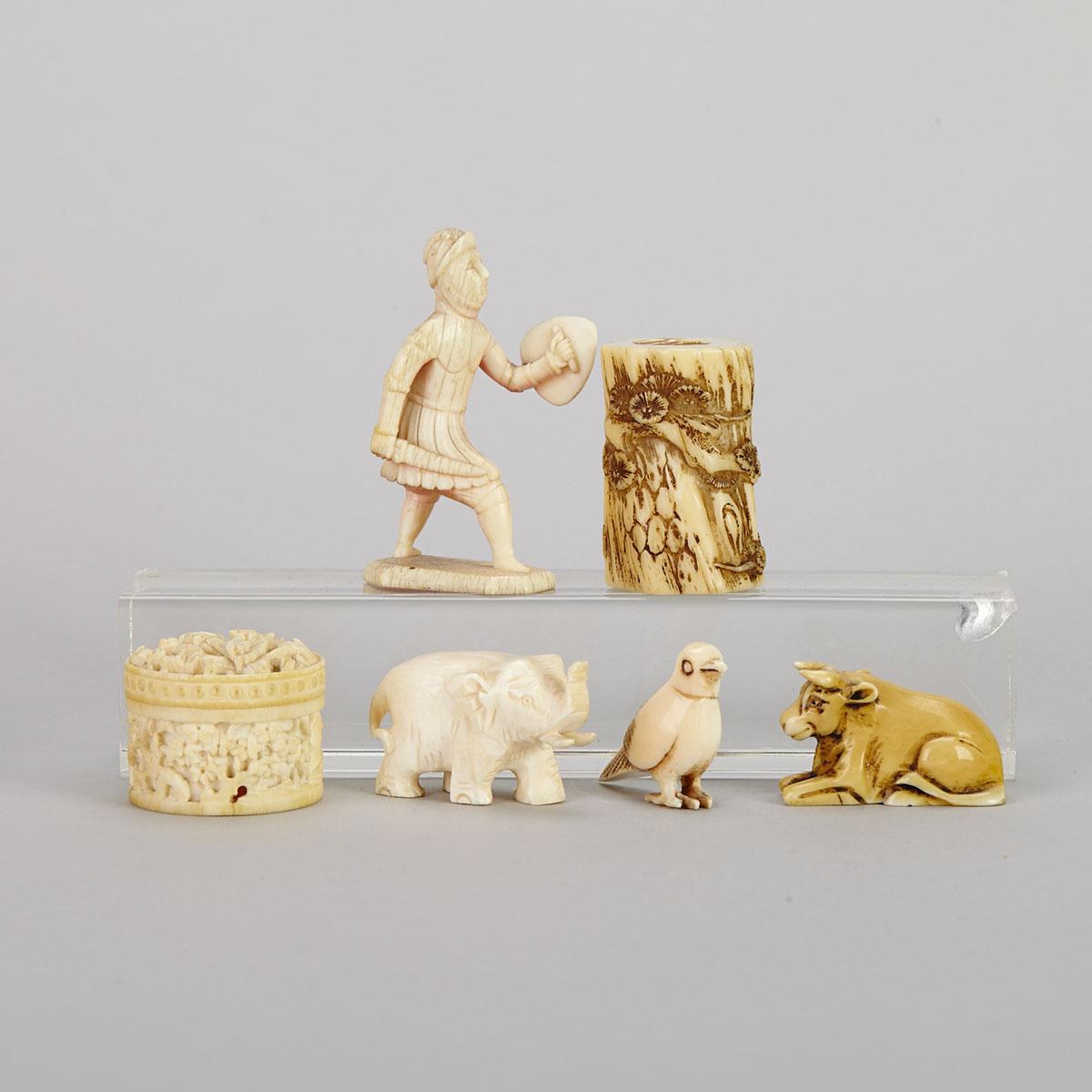 Group of Five Miniature Ivory and Bone Carvings, 19th/20th Century