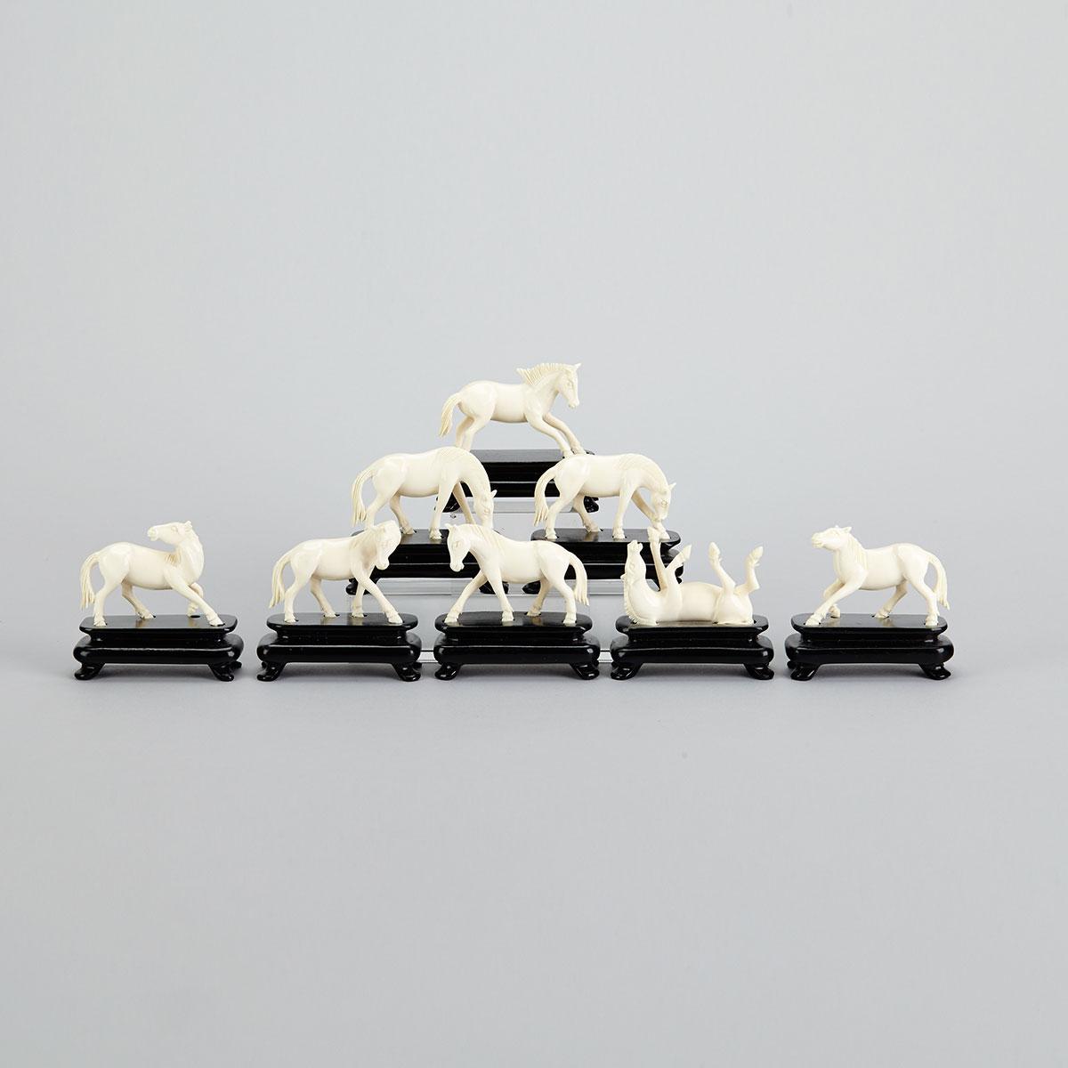 Set of Eight Ivory Carved Miniature Horses
