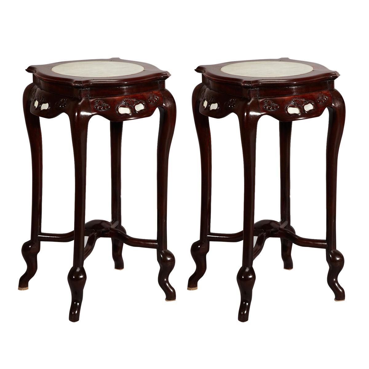 Pair of Hardwood Stands with Marble Inlay