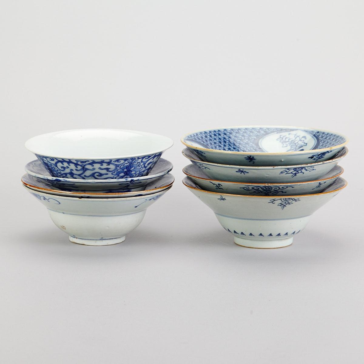 Group of Eight Blue and White Bowls for the South East Asian Market, 17th to 19th Century