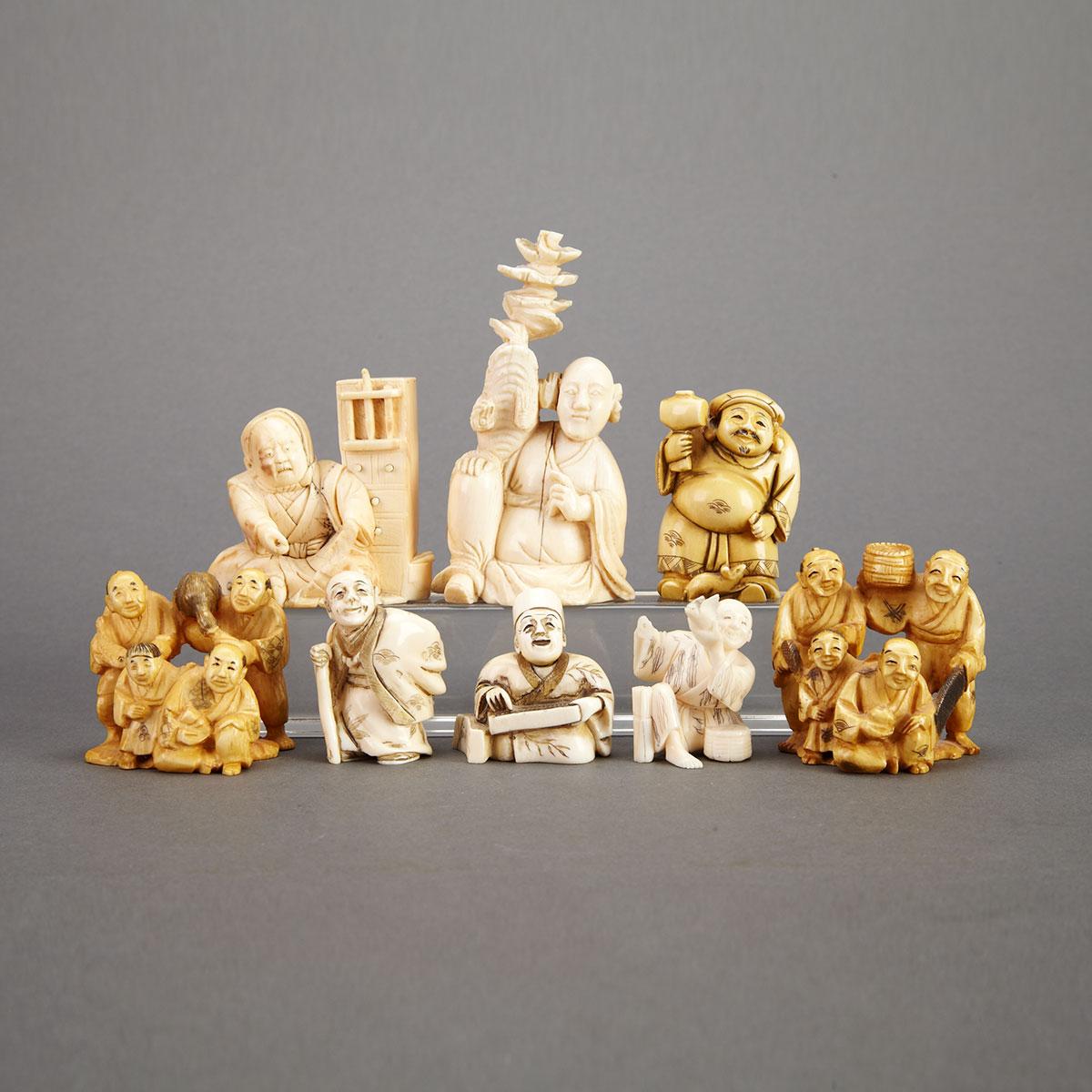 Group of Eight Ivory Carvings, China/Japan, 19th/20th Century