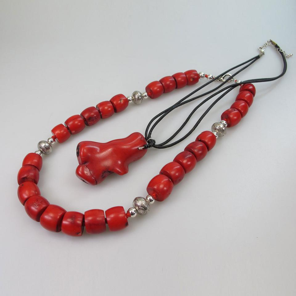Red Coral Necklace And A Large Red Coral Pendant 