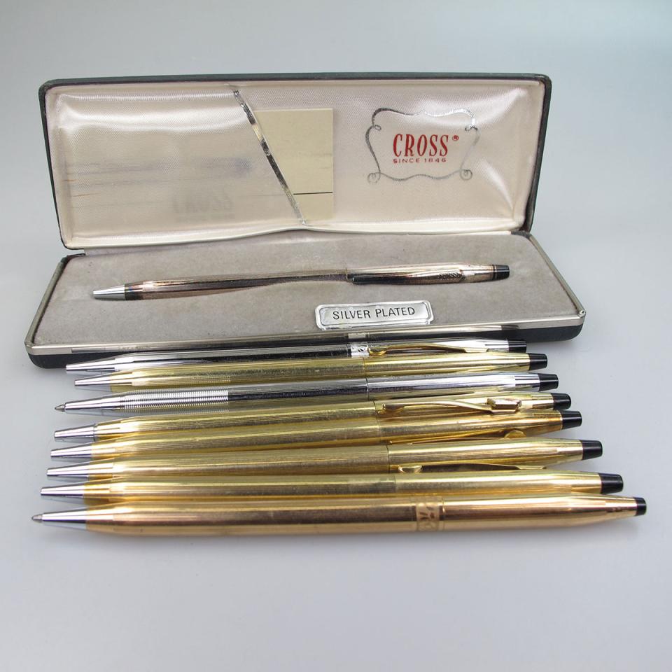 9 Various Cross Silver And Gold-Filled Pens And Pencils