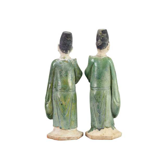 Two Green Glazed Pottery Tomb Attendants, Ming Dynasty