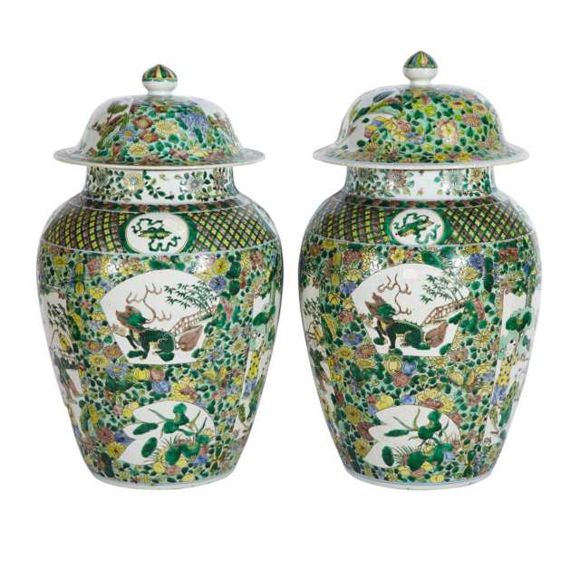 Pair of Famille Verte ‘Boys’ Jars and Covers, Wanli Mark