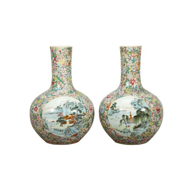 Pair of Large Famille Rose Baluster ‘Landscape’ Vases, Late Republican Period