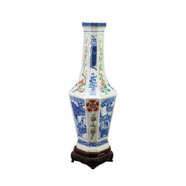 Blue, White and Famille Rose Faceted Vase, Qianlong Mark, Republican Period 