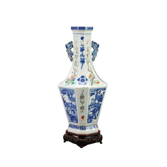Blue, White and Famille Rose Faceted Vase, Qianlong Mark, Republican Period 
