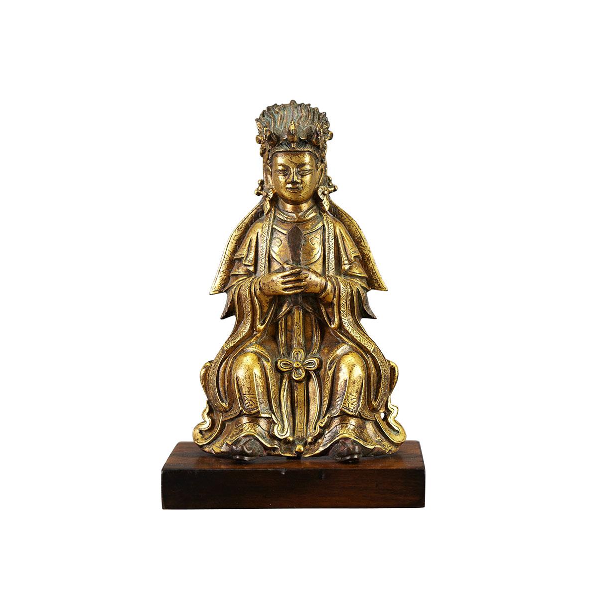 Small Gilt Bronze Seated Figure of Bixia Yuanjun, 18th Century 