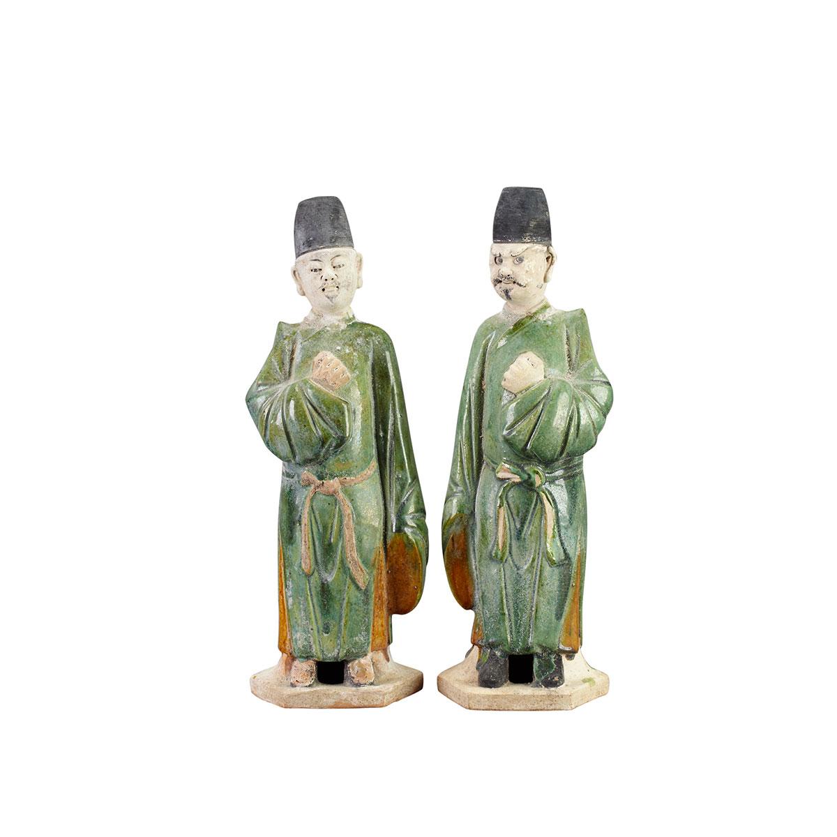 Two Green Glazed Pottery Tomb Attendants, Ming Dynasty