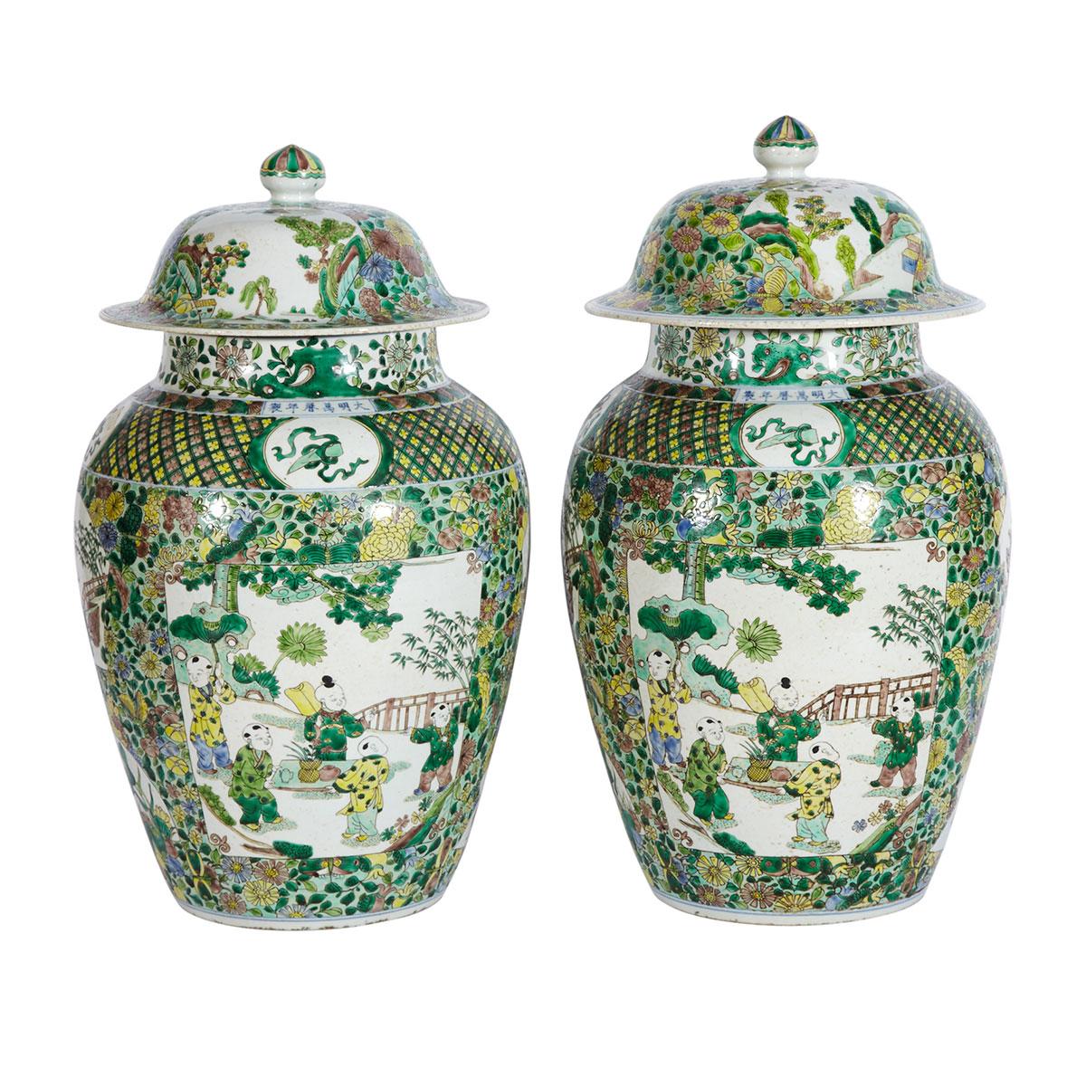 Pair of Famille Verte ‘Boys’ Jars and Covers, Wanli Mark
