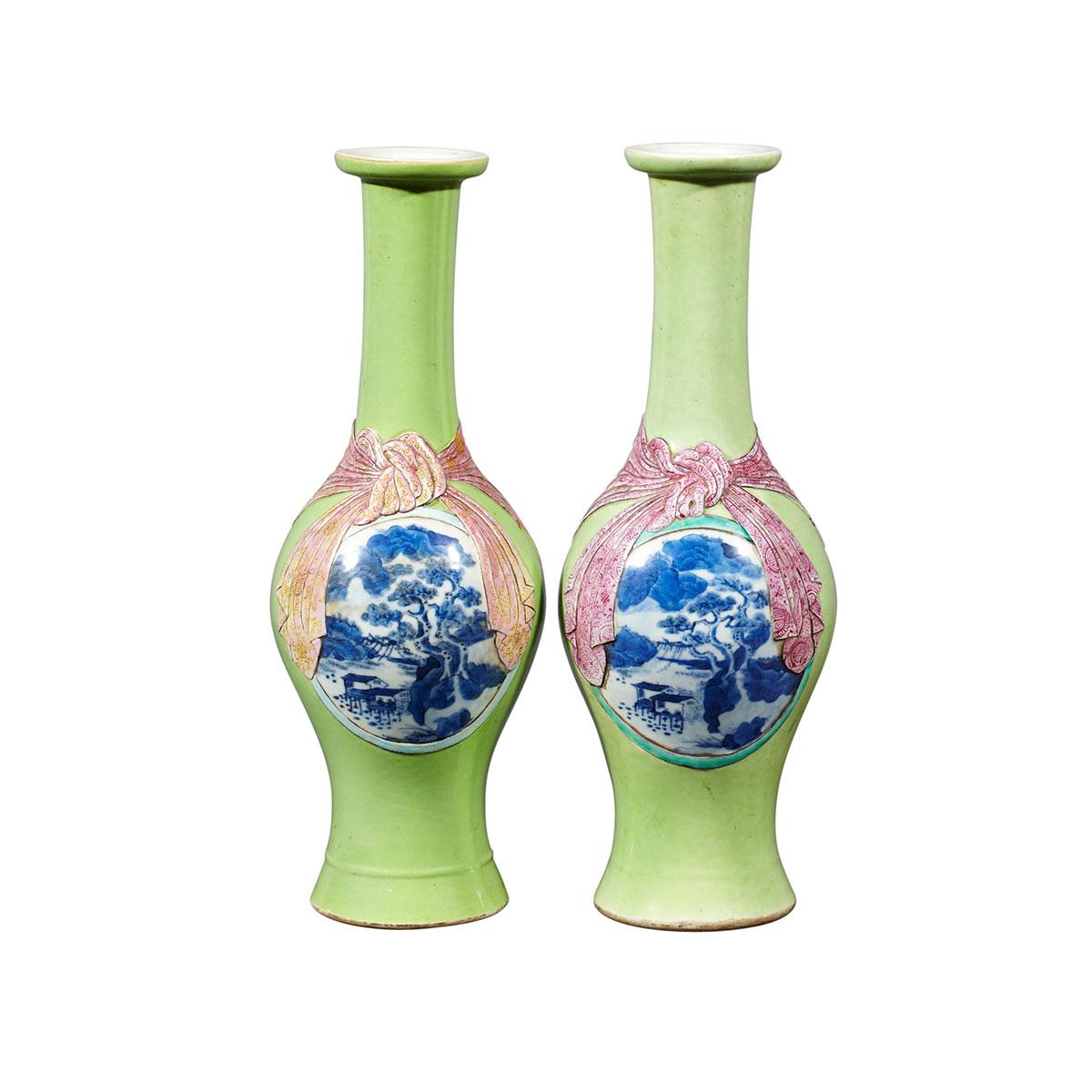 Pair of Moulded Green Ground Medallion Vases, Republican Period