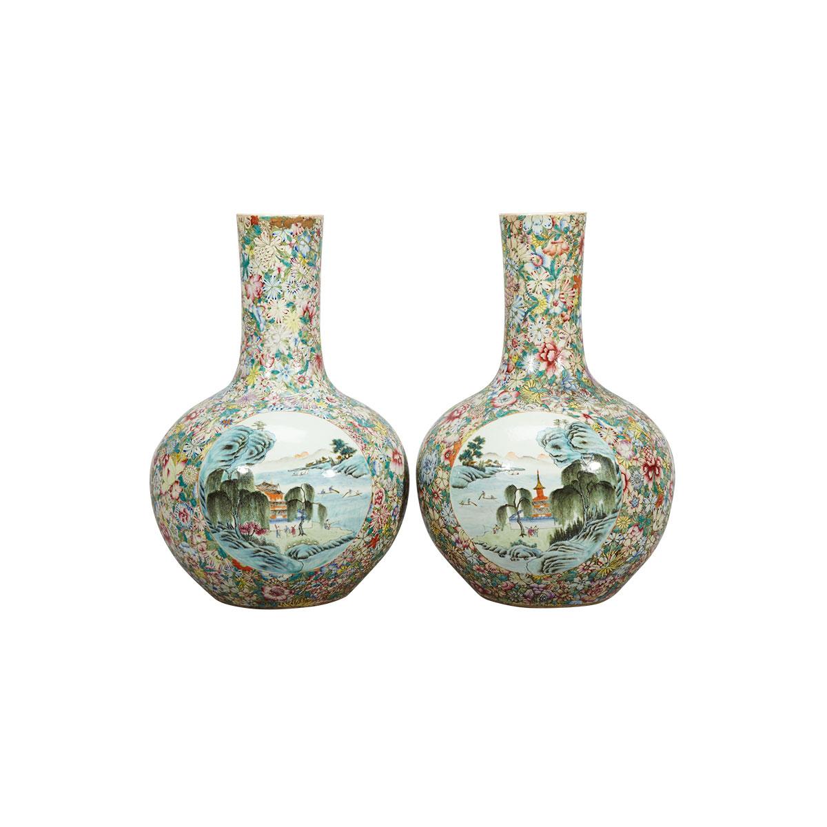 Pair of Large Famille Rose Baluster ‘Landscape’ Vases, Late Republican Period