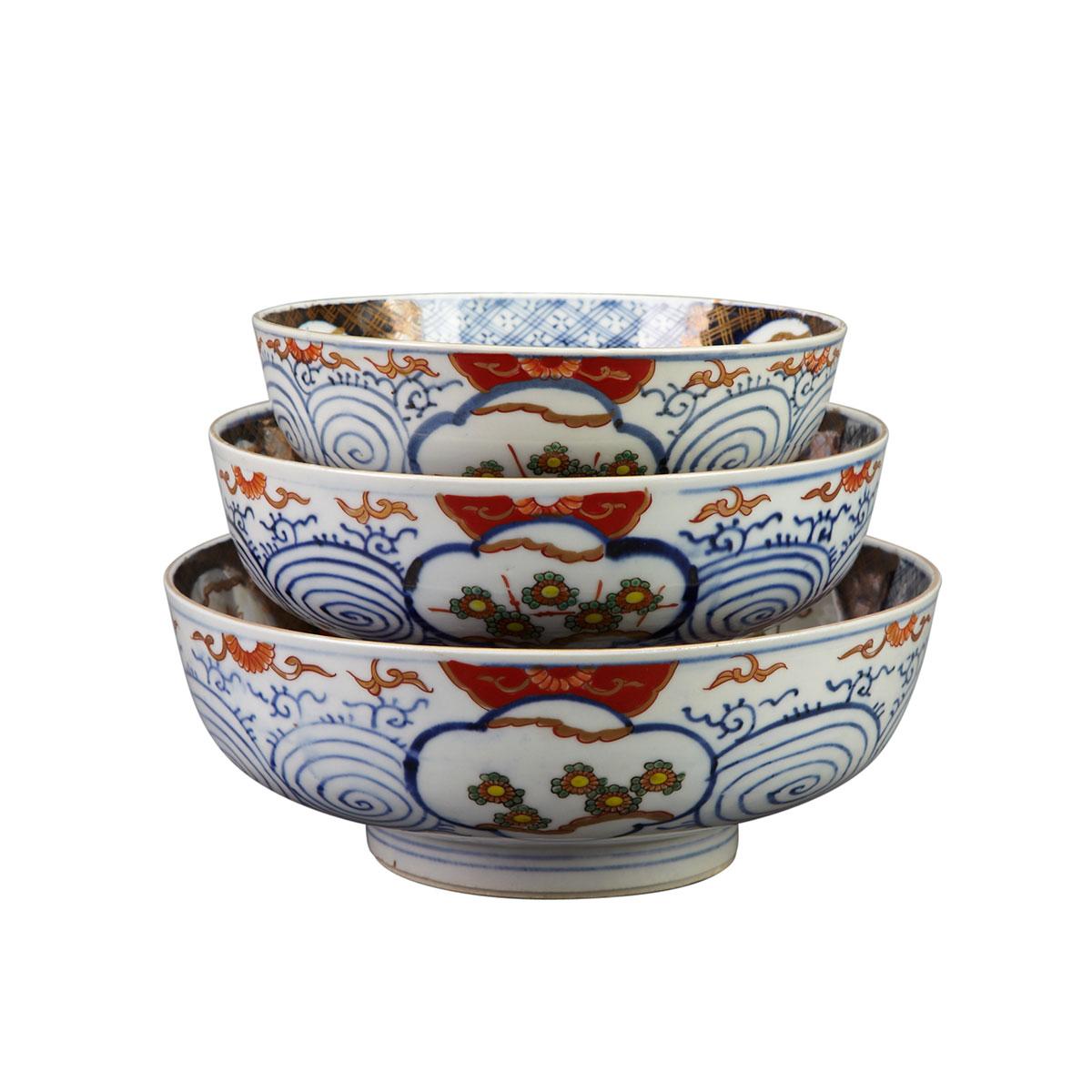 Three Large Imari Bowls, Late 19th Century