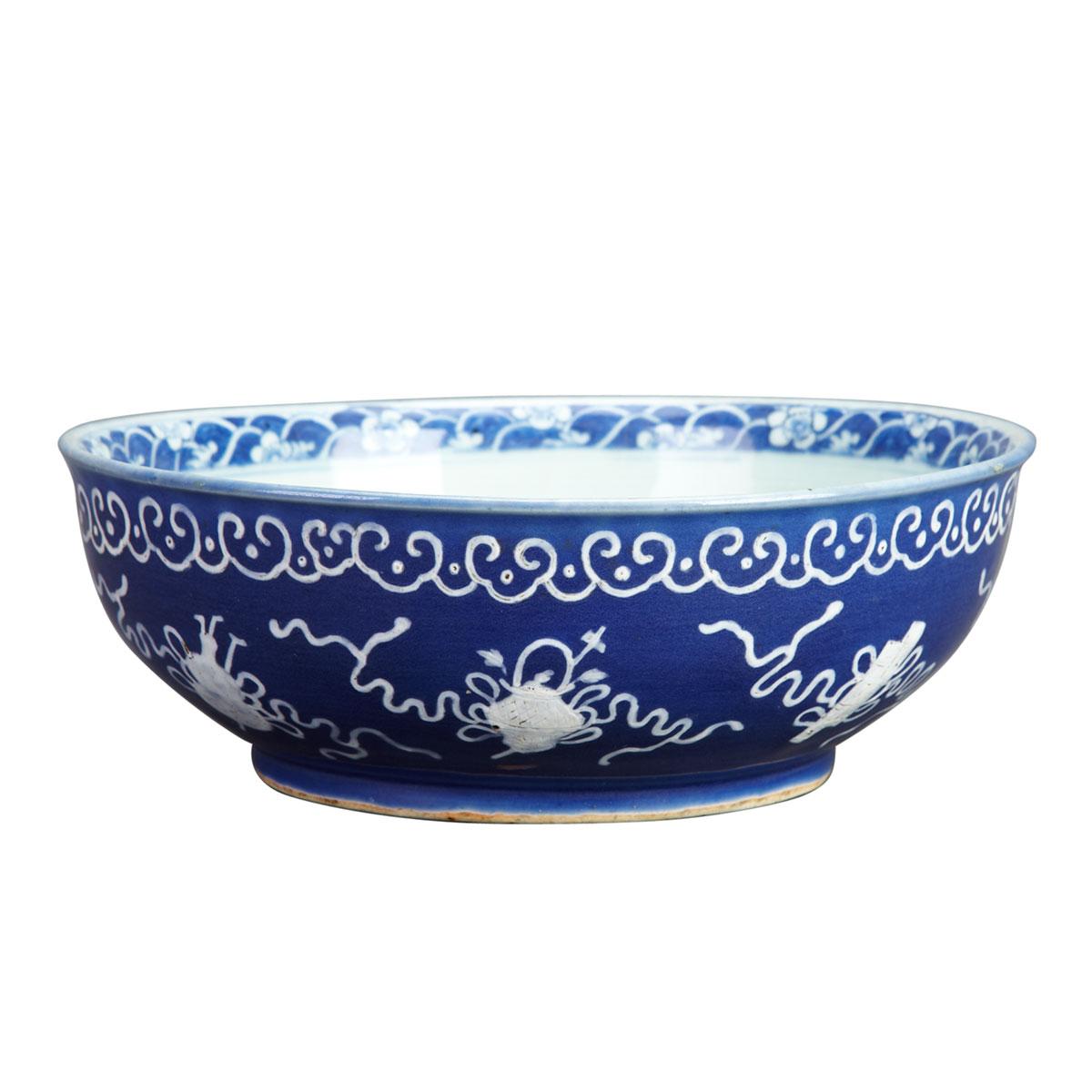 Large Blue and White Slip Decorated Dice Bowl, Qianlong Mark, 19th Century