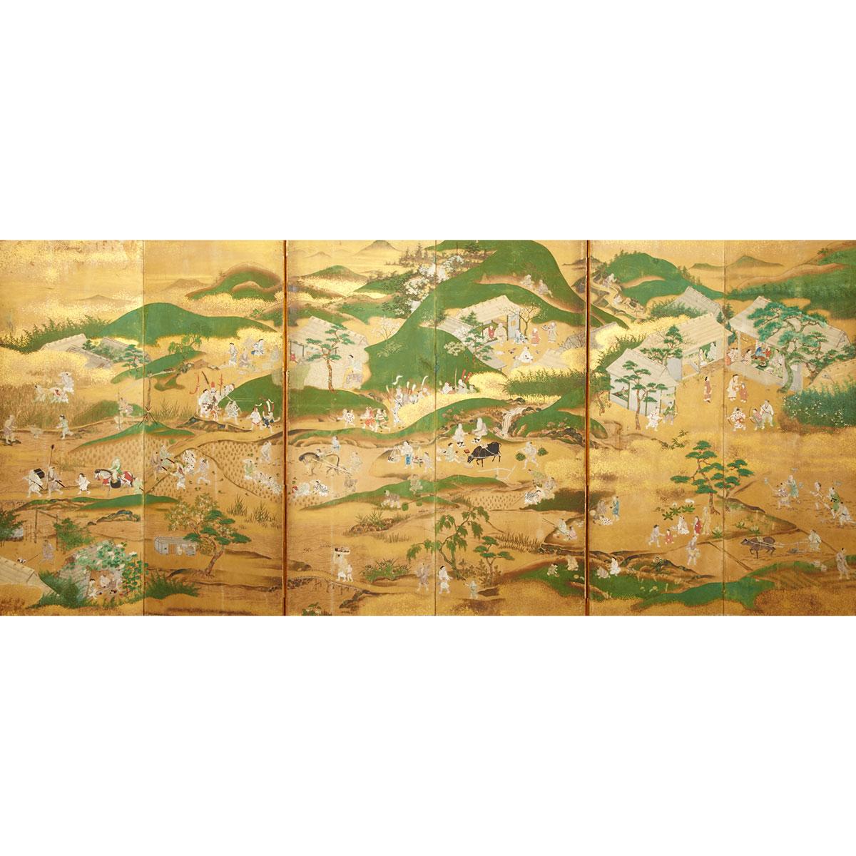 Pair of Six Panel ‘Harvest’ Folding Screens, 18th/19th Century 