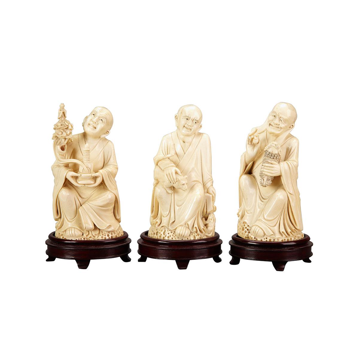 Set of Three Ivory Carved Lohan