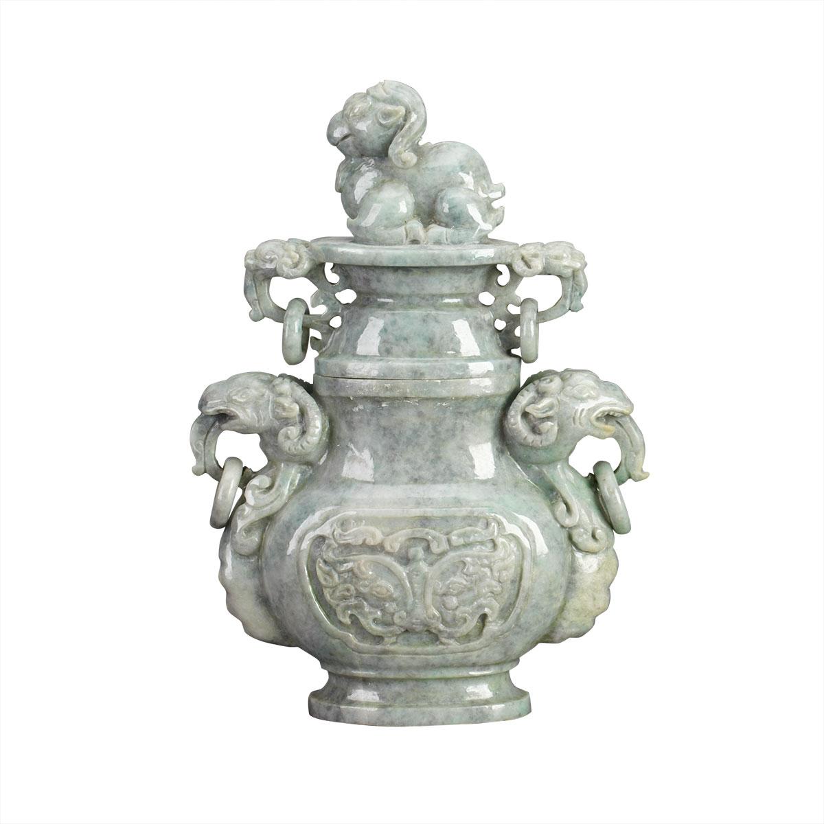Lavender Grey Jadeite ‘Rams’ Hu Vase