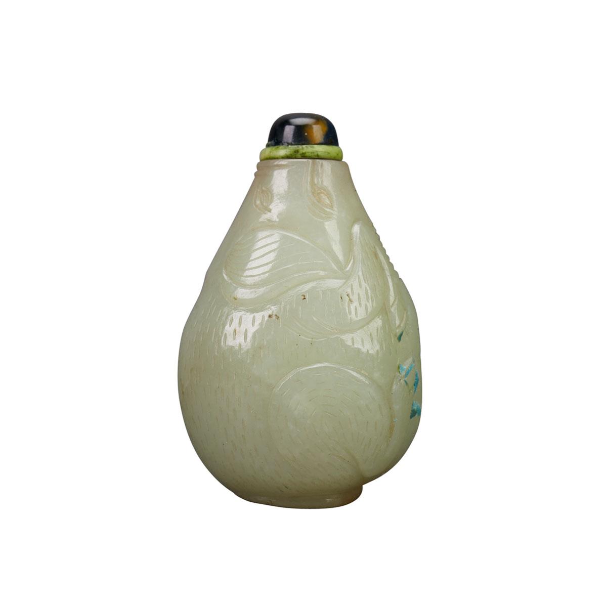Pale Celadon Jade Boar-Form Snuff Bottle, 19th Century