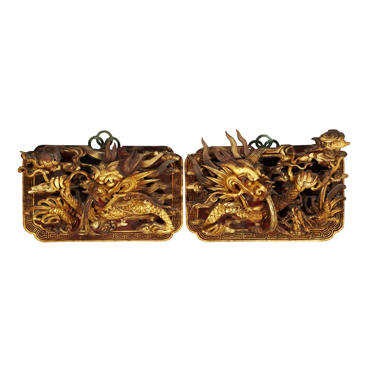 Pair of Gilt Lacquer Dragon Architectural Fragments, 19th Century