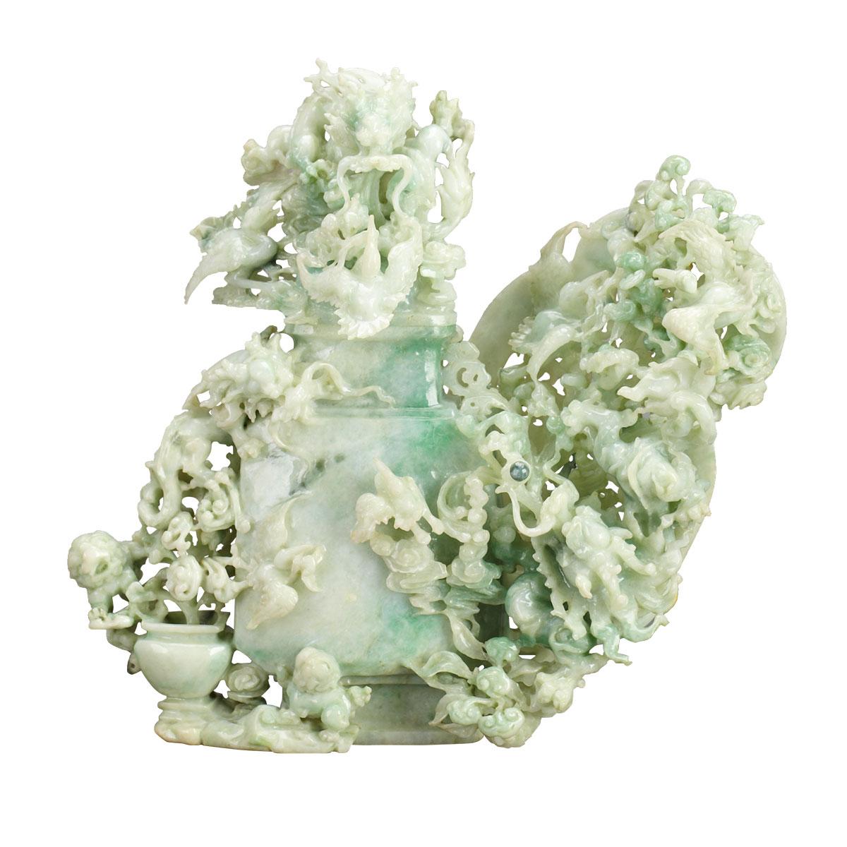 Elaborately Carved Apple Green Jadeite ‘Dragon and Cranes’ Hu Vase