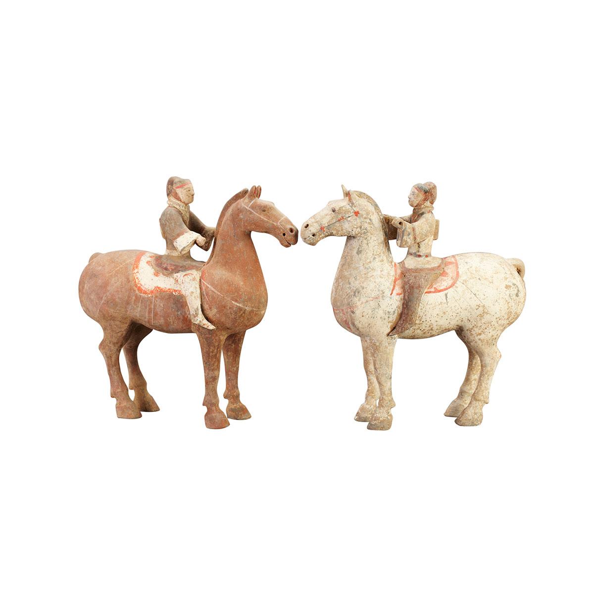 Pair of Painted Pottery Horses and Riders, Han Dynasty (206 BC - 220 AD)