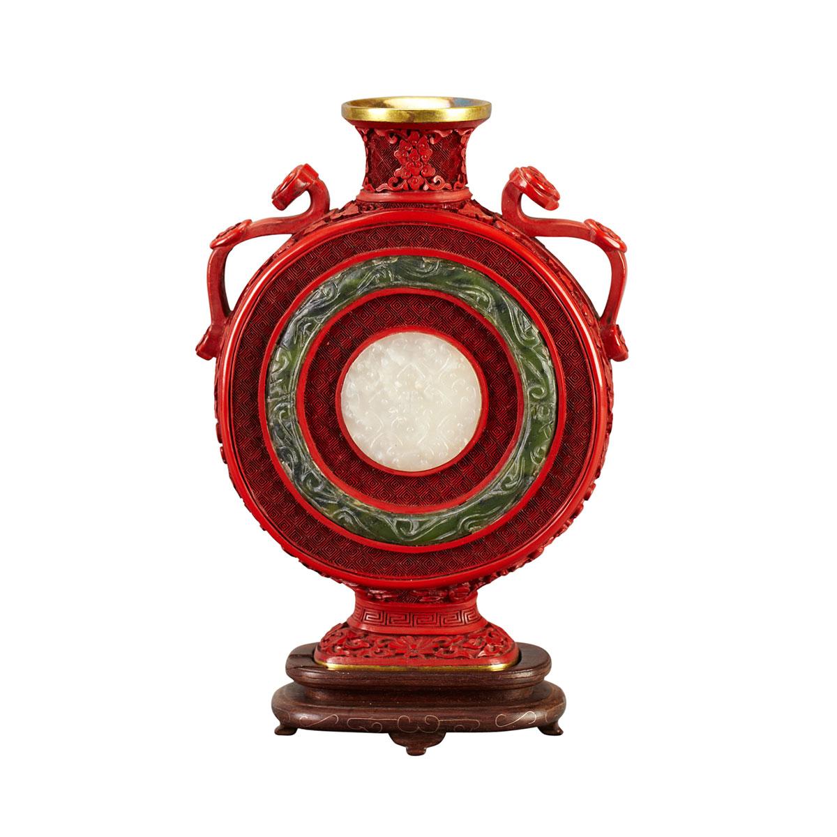 Cinnabar Lacquer Moonflask with Jade Inlays, Republican Period