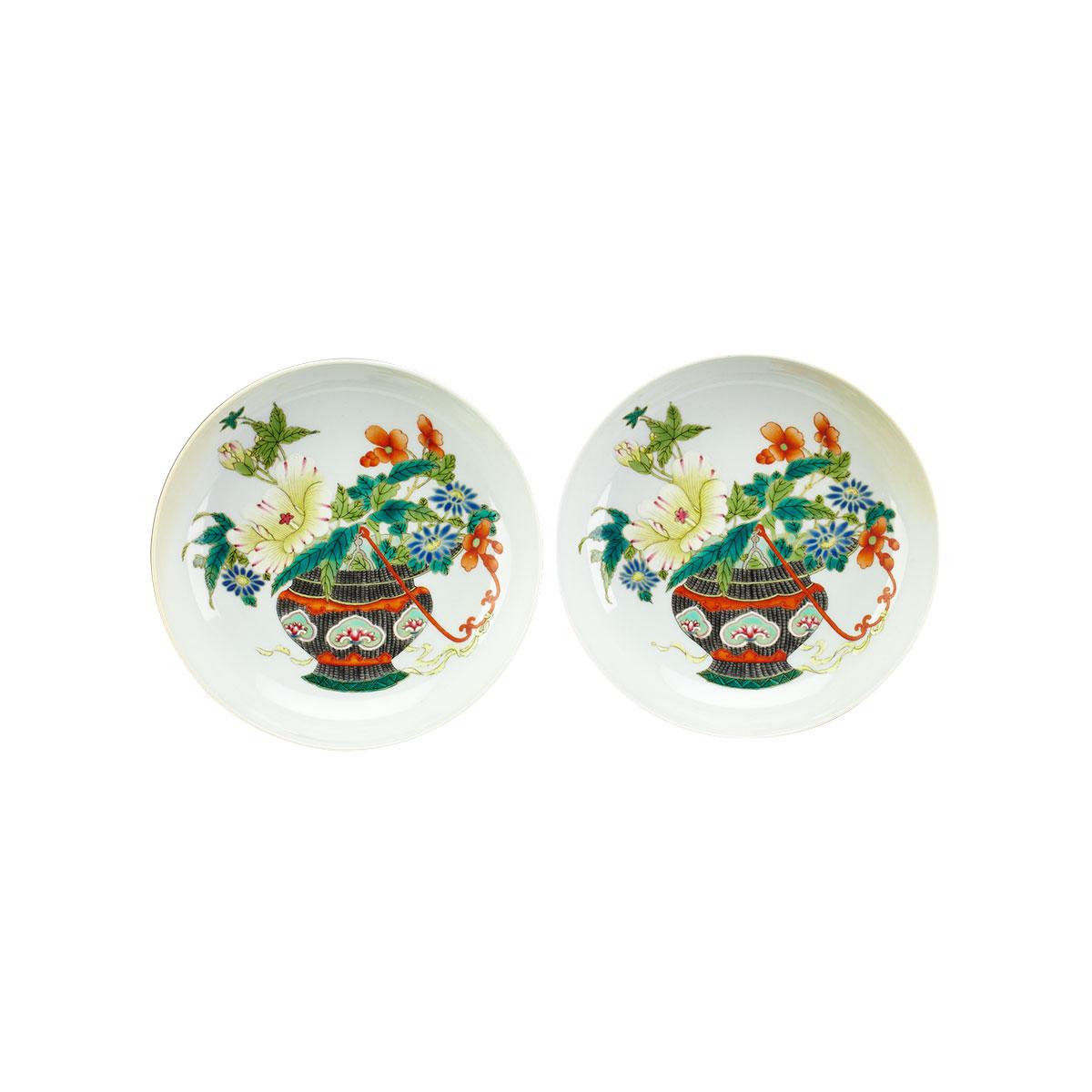 Pair of Famille Rose ‘Floral Basket’ Dishes, Xianfeng Mark and Possibly of the Period (1851-1861)