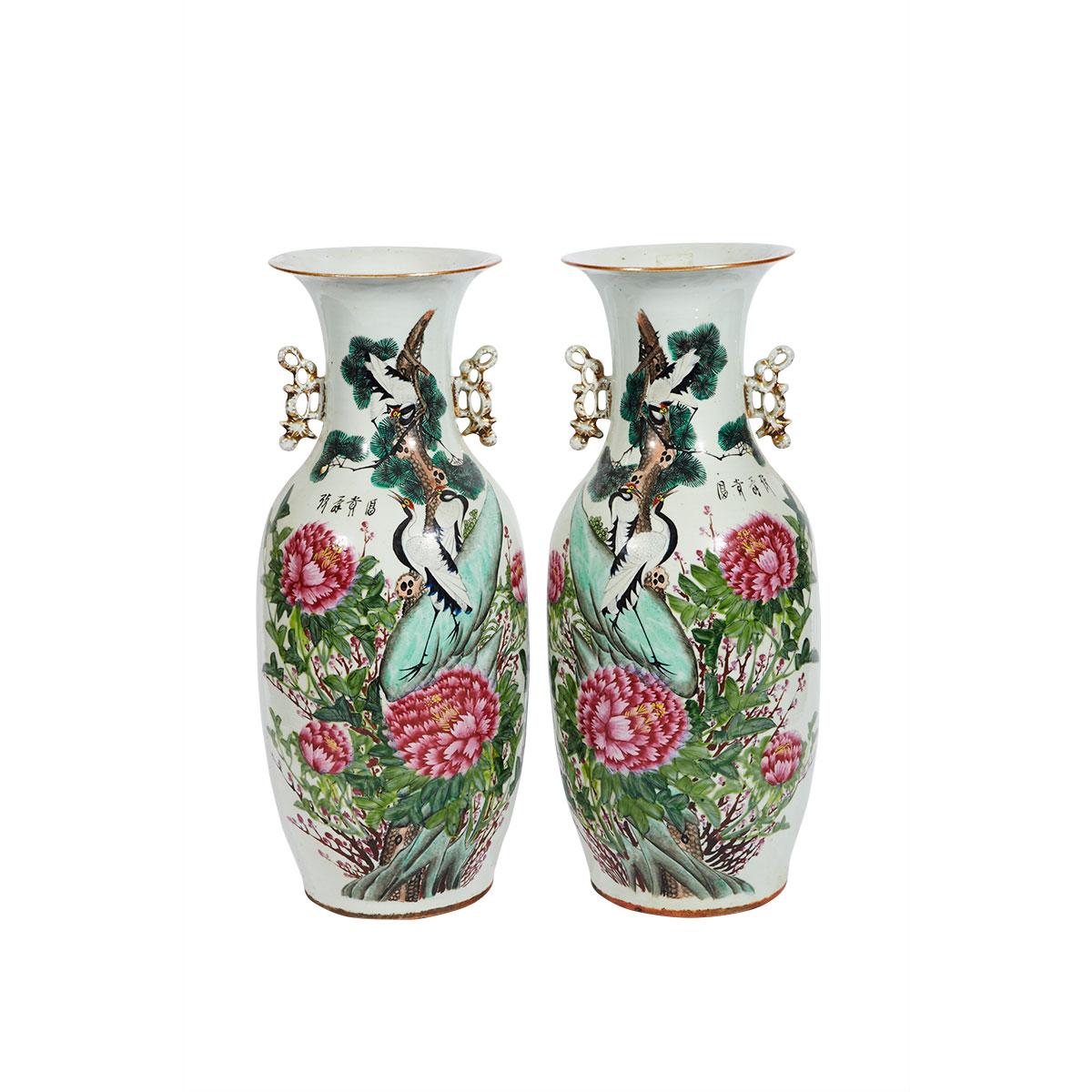 Pair of Large ‘Crane and Peony’ Baluster Vases 