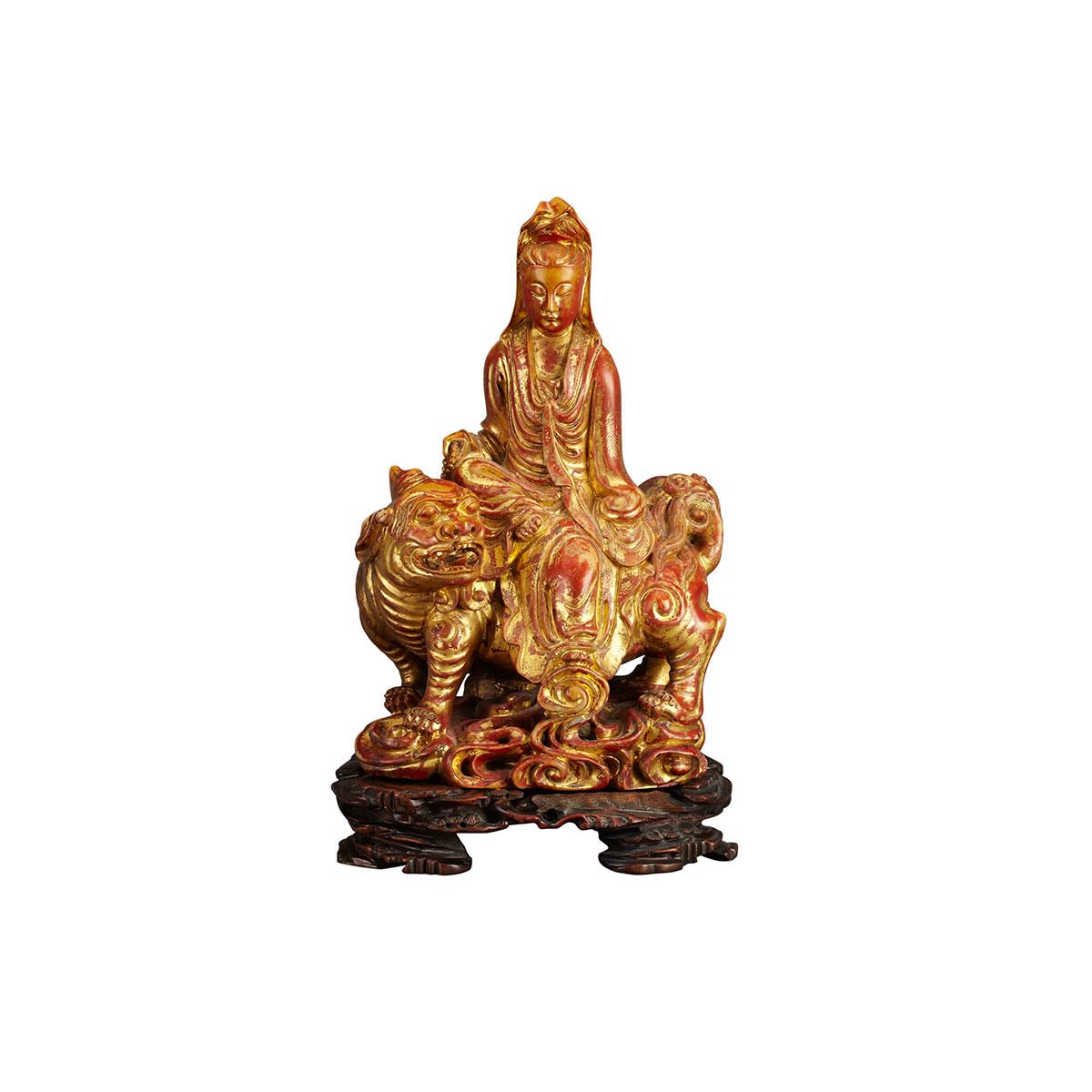 Large Gilt and Red Lacquered Soapstone Figure of Guanyin, Qing Dynasty
