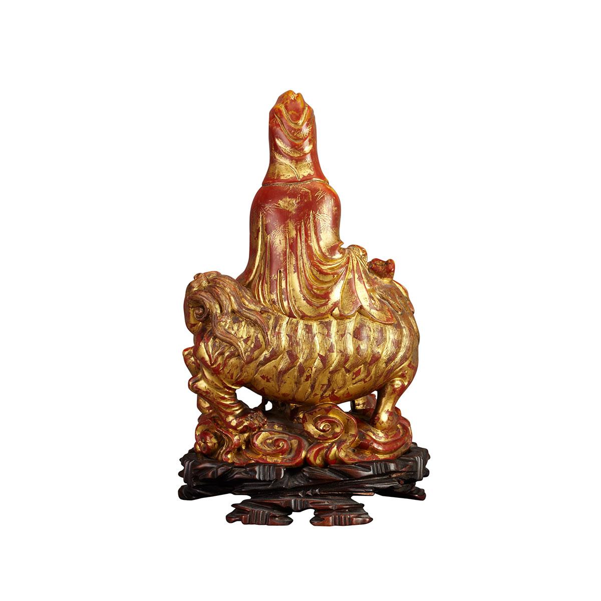 Large Gilt and Red Lacquered Soapstone Figure of Guanyin, Qing Dynasty