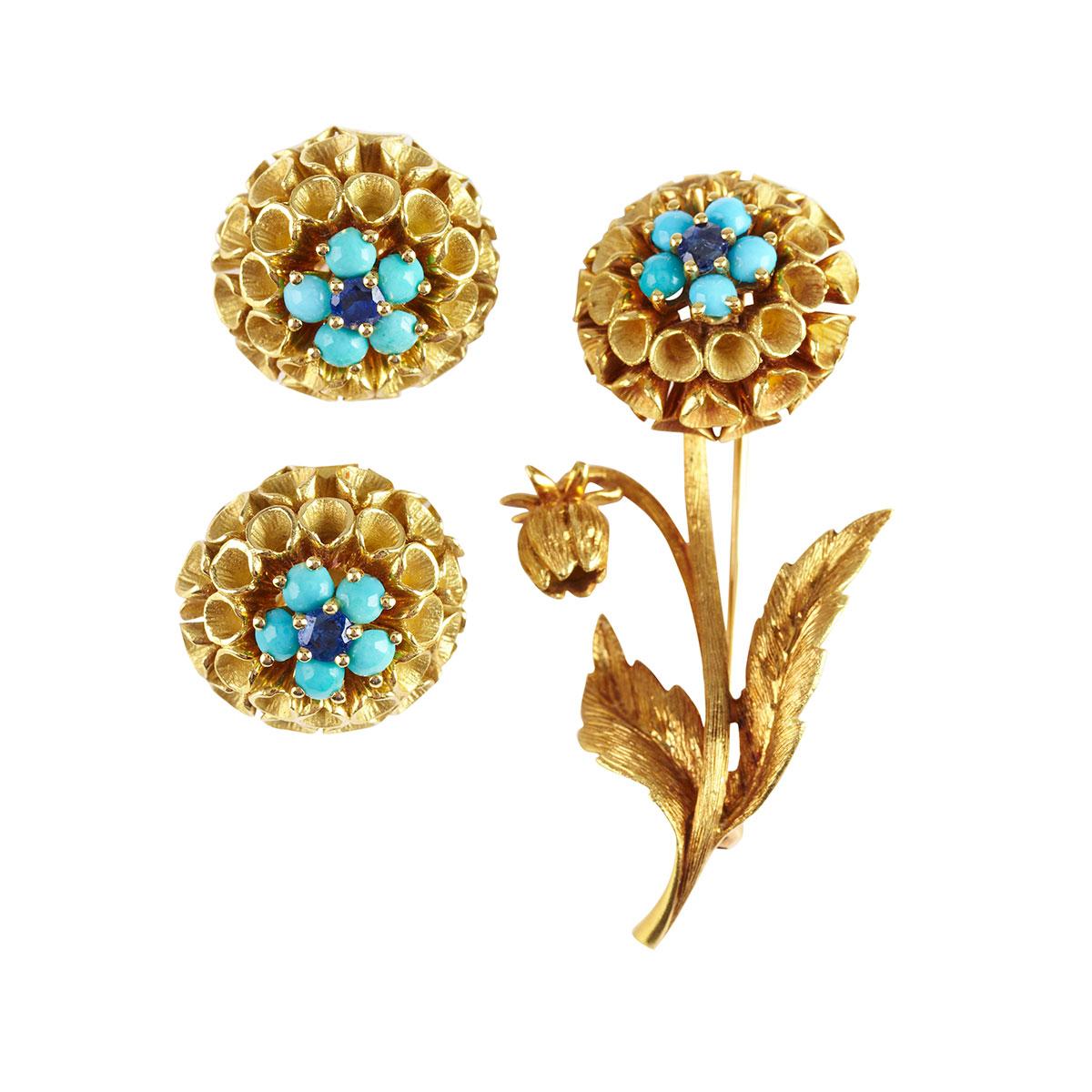 18k Yellow Gold Brooch And Clip-Back Earrings