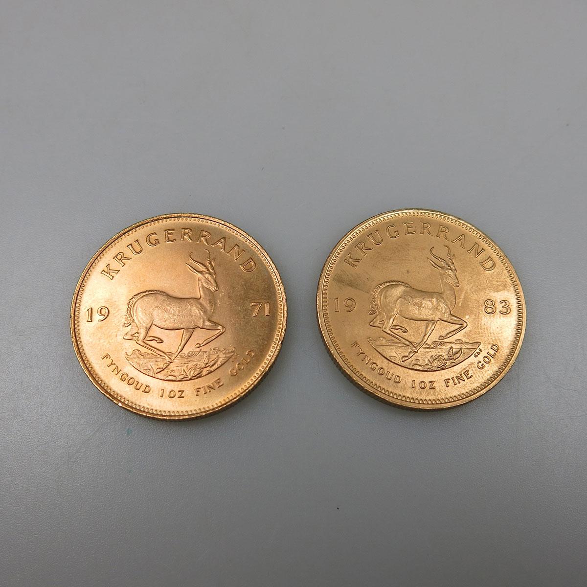 2 South African Krugerrands Gold Coins