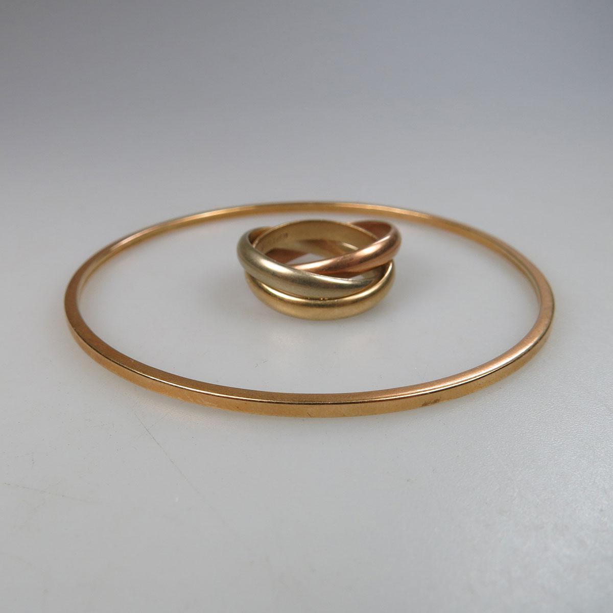 18k Three Colour Gold Band And An 18k Yellow Gold Bangle