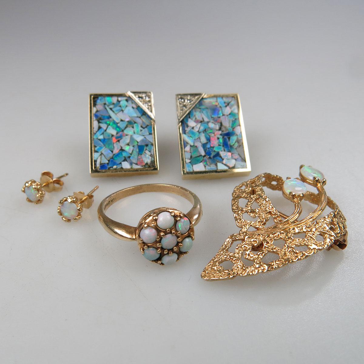 Two Pairs Of 14k Yellow Gold Earrings, a 14k Yellow Gold Brooch, And a 10k Yellow Gold Ring