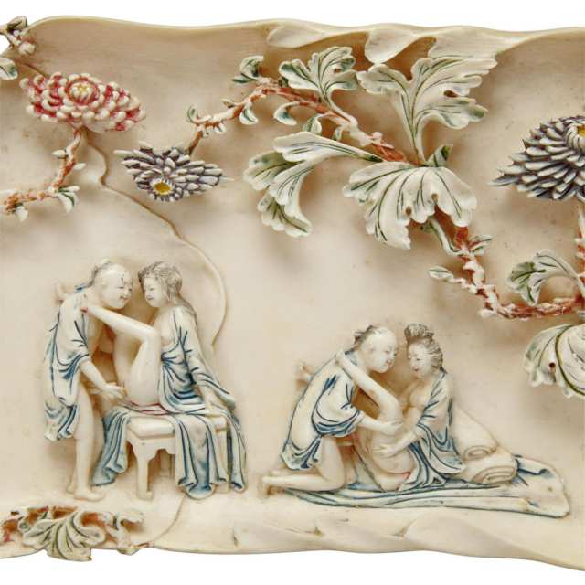 Tinted Ivory Carved Erotic Tray, 19th Century