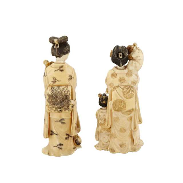 Two Tinted Ivory Okimono of Ladies, Meiji Period, 19th Century