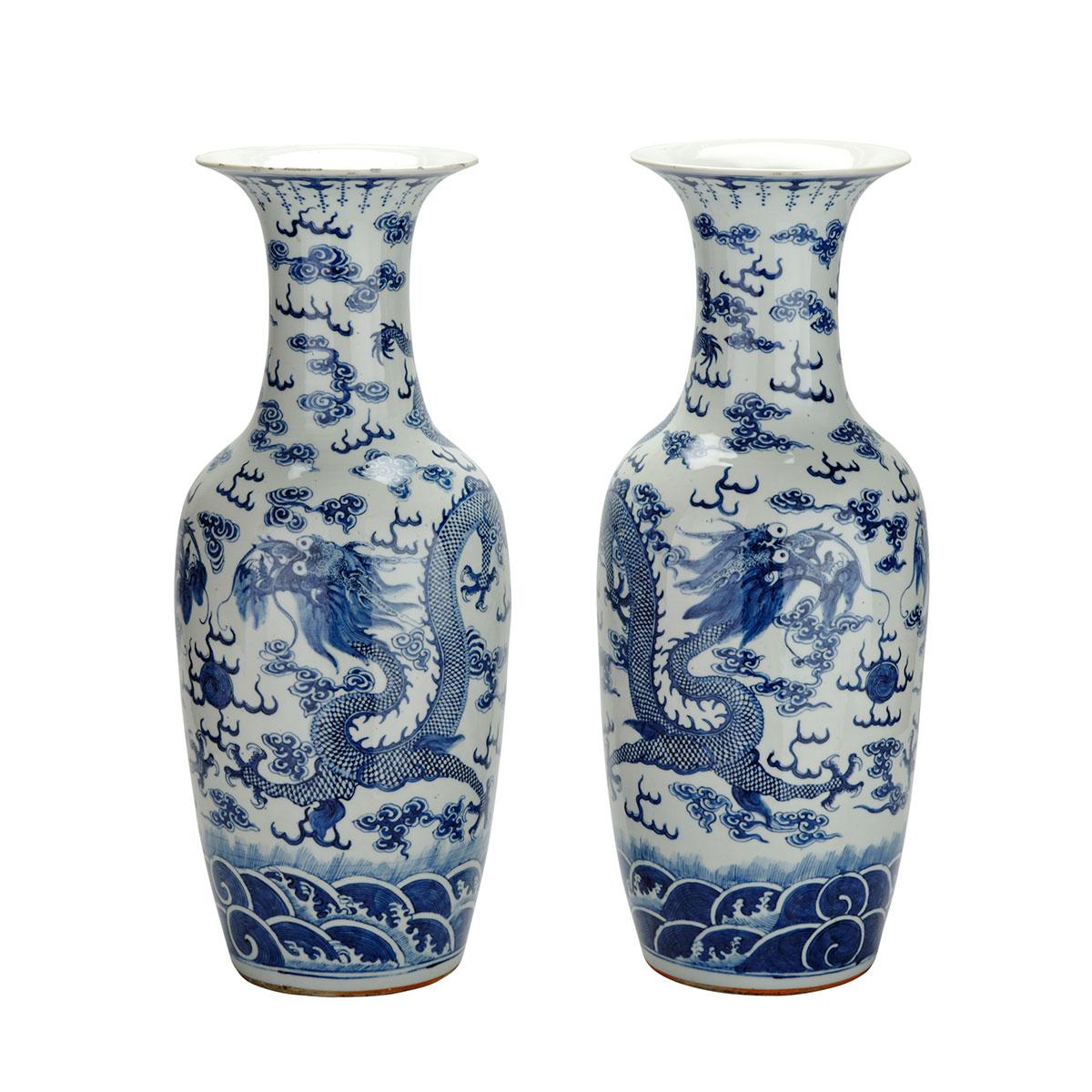 Pair of Large Blue and White Dragon Vases, 19th Century