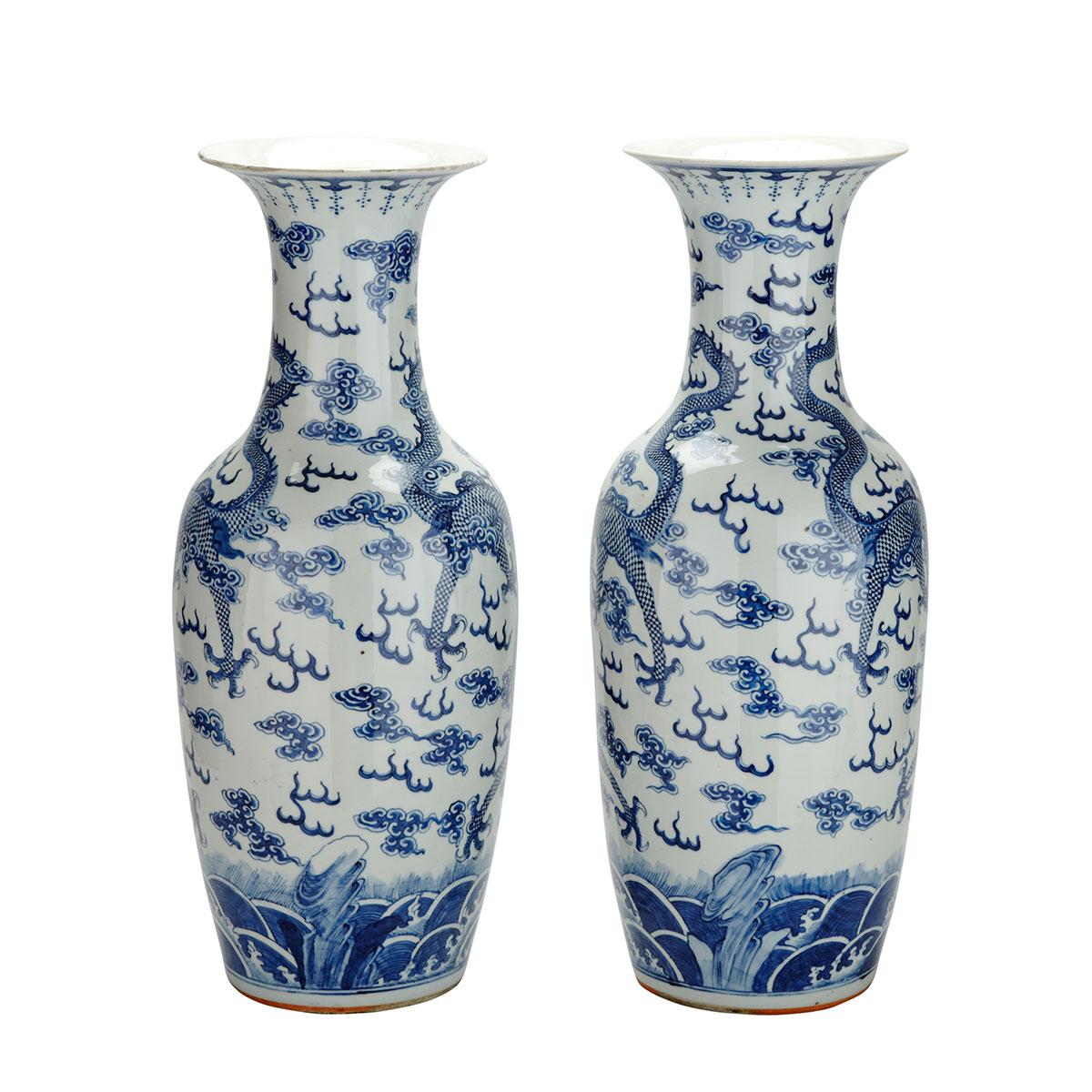 Pair of Large Blue and White Dragon Vases, 19th Century