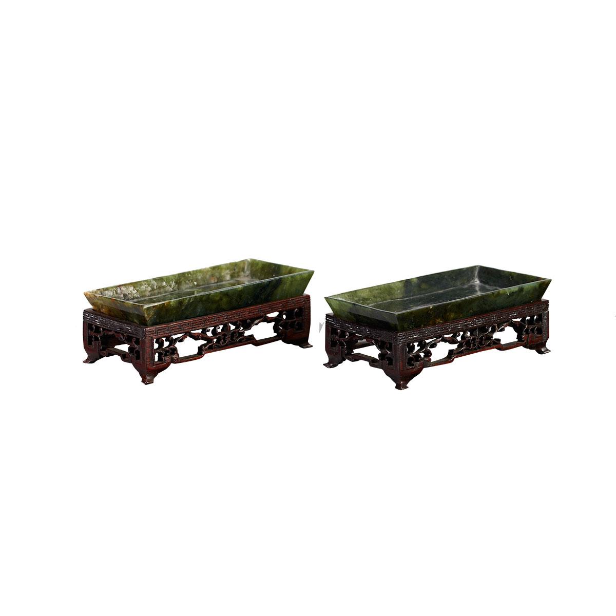 Pair of Spinach Green Jade Trays, 19th Century