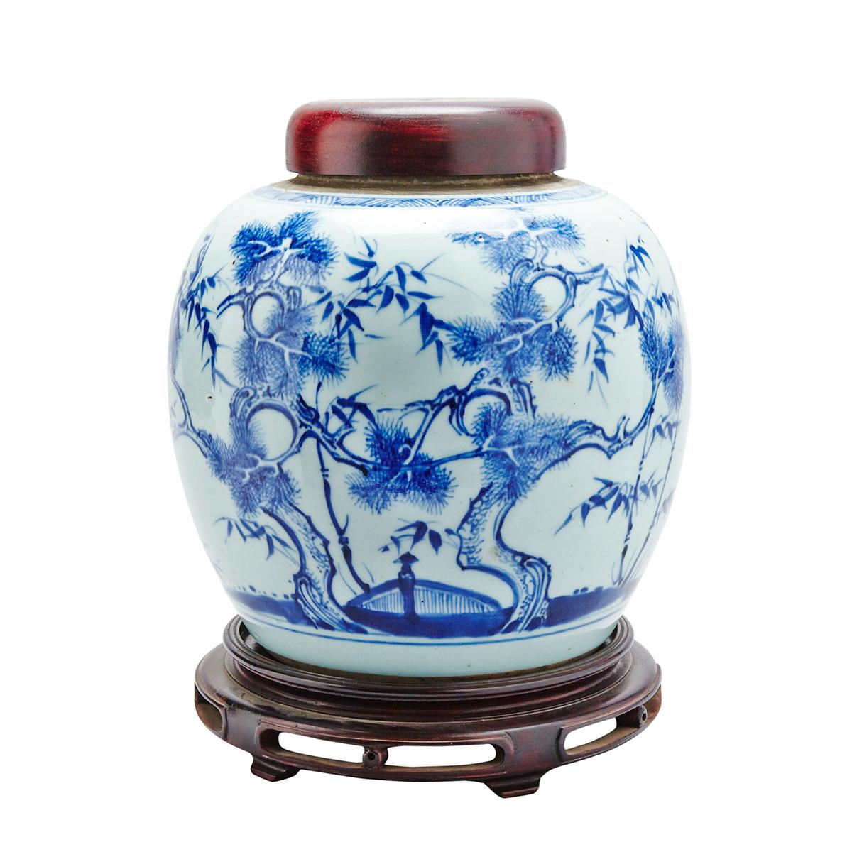 Unusual Export Blue and White ‘Three Friends’ Ginger Jar, Kangxi Period (1662-1722)